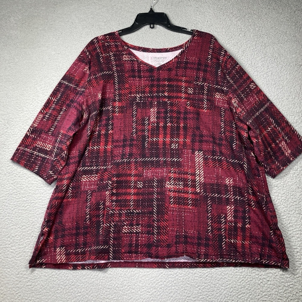 Catherines Top Women's Plus 2S Red Print 1/2 Sleeve V Neck Easy Fit Tee Cotton